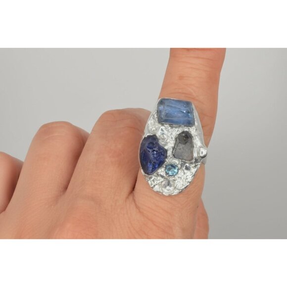 Brutalist Sea Glass Ring - Sterling Silver Cocktail Ring with Crystal Size 9 - Picture 7 of 12